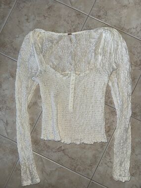 Free People Cream Smocked Long-Sleeve Henley
